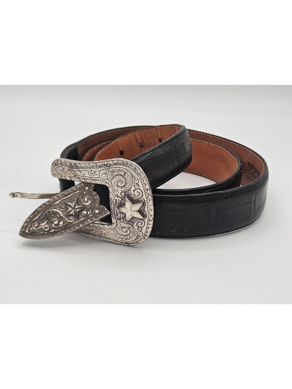 Vintage Justin Men Black Leather Western Ranger Star Belt 36